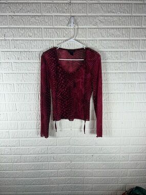 Vintage Express Sheer Red Snake-Print Long Sleeve Crop Top